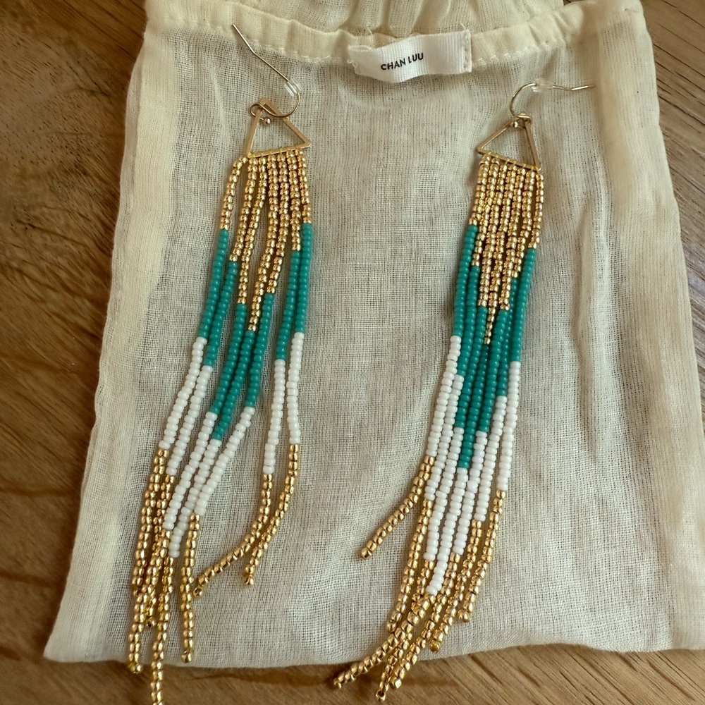 Chan Luu Gold and Green Earrings with Cascading Fringe